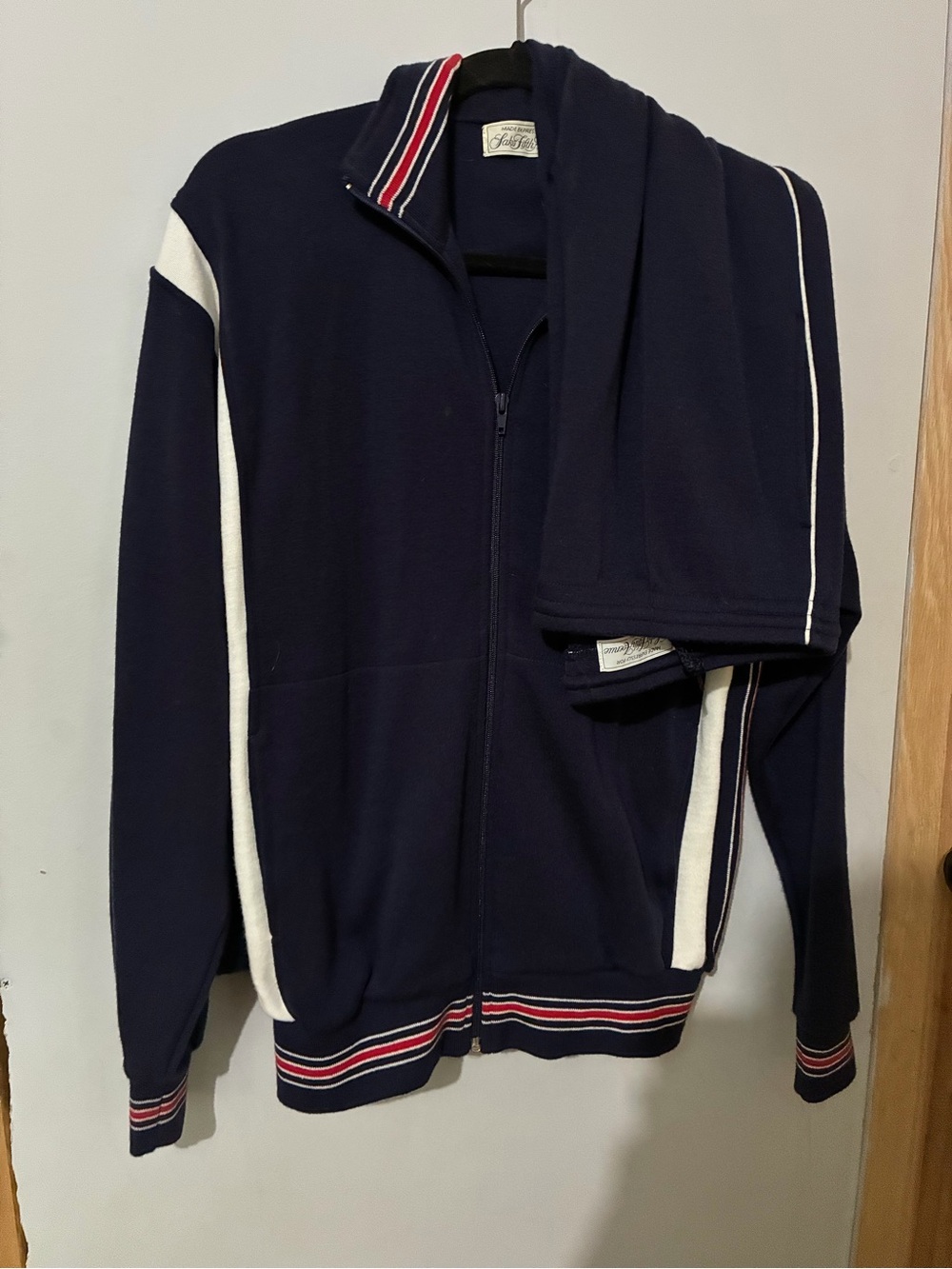 Saks Fifth Avenue Navy Track-Style Bomber with White and Red Trim